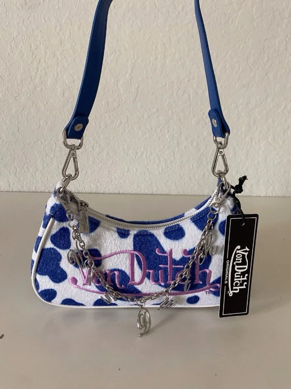 Von Dutch Vegan Pony Hair Blue Cow‎ Print Shoulder Bag W/Charms NEW